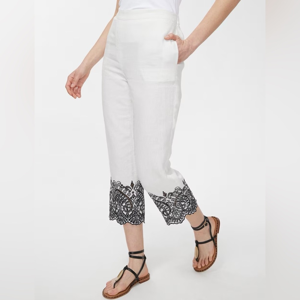 Chico’s Petite Linen Crop Pants. White w/Black Eyelet Embroidery. Size 3